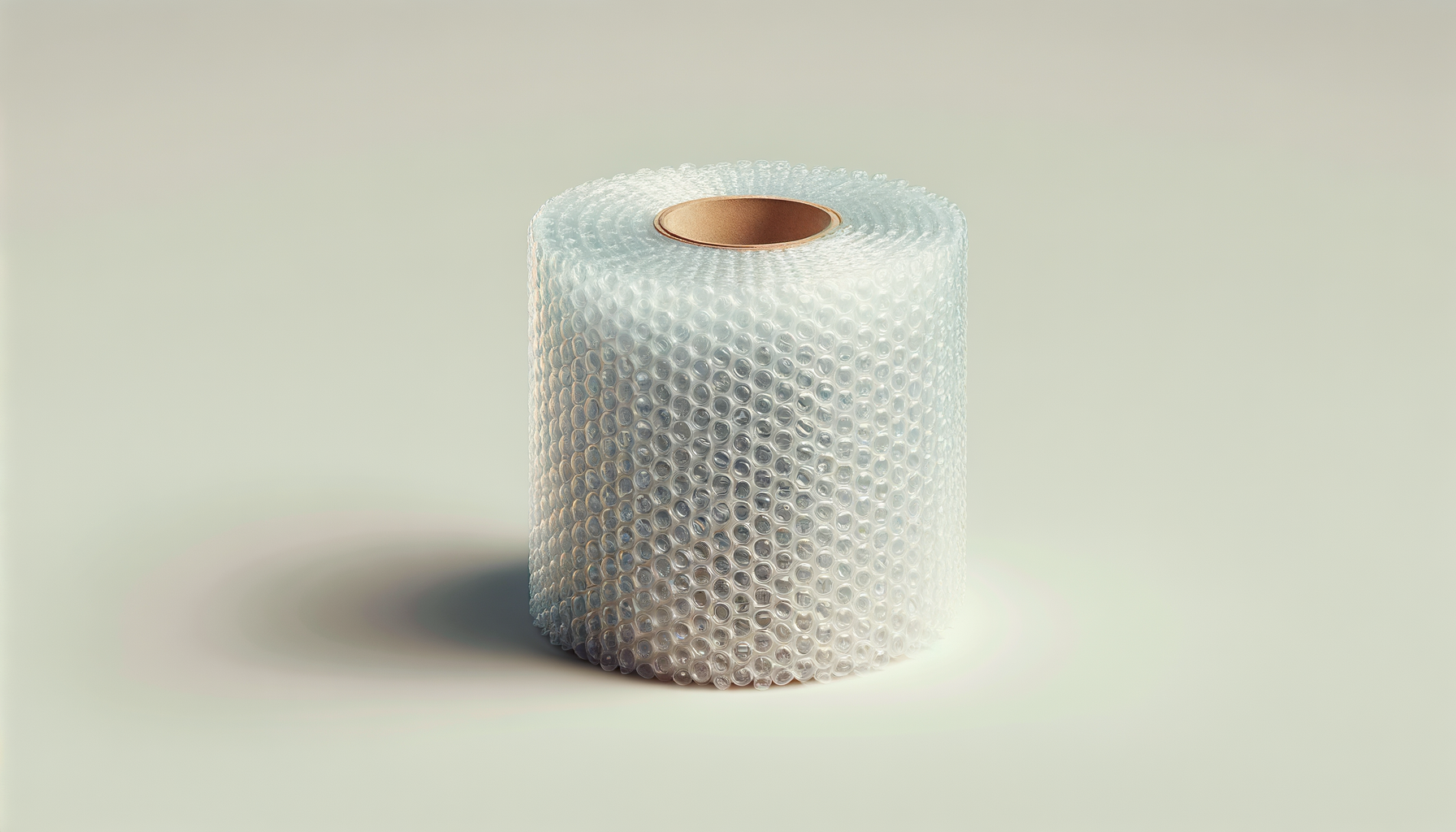 A roll of bubble wrap material with a brown core, placed on a light neutral background.