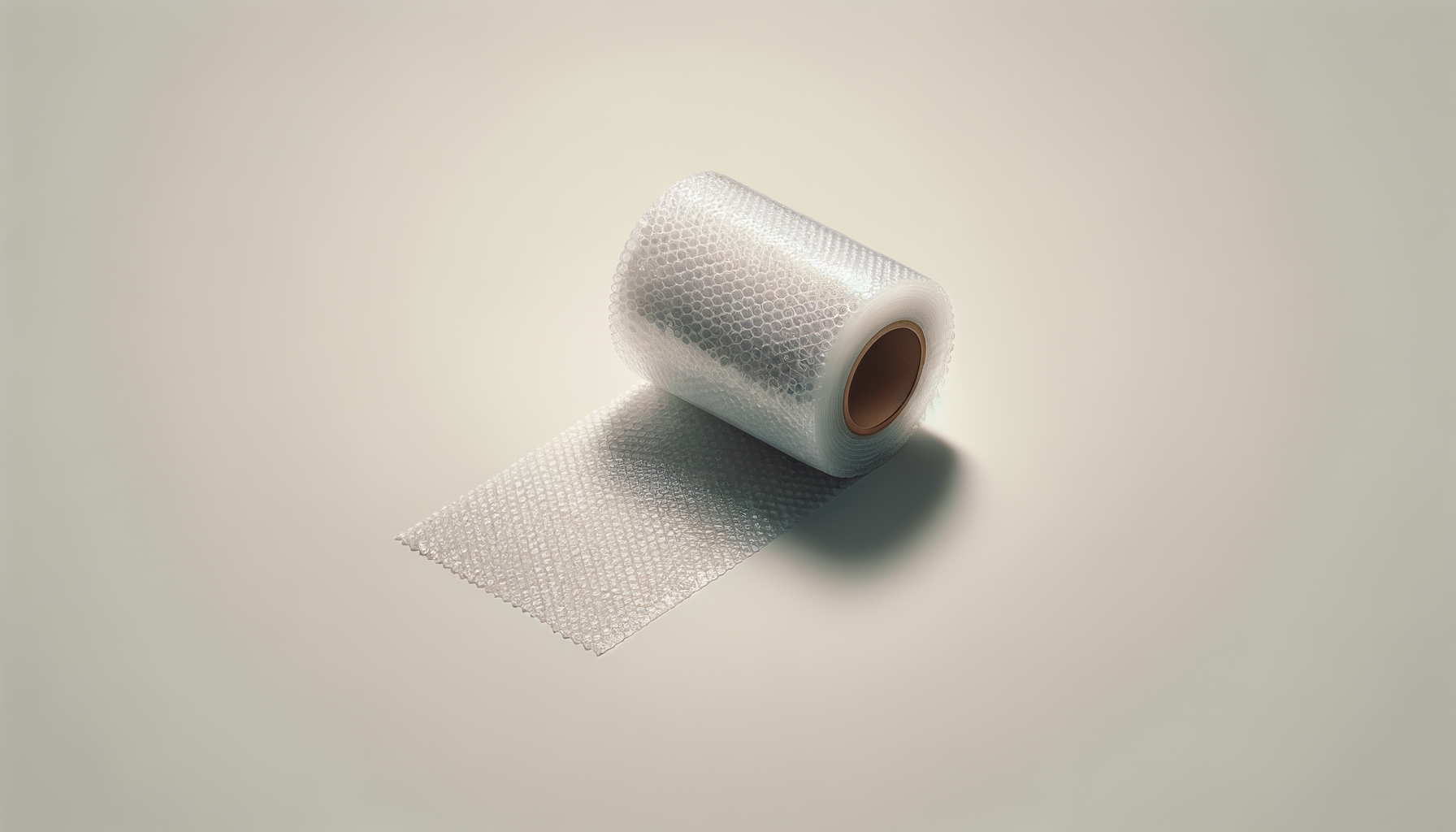 Close-up of a roll of bubble wrap, partially unrolled, on a plain light-colored surface with soft lighting and shadows.