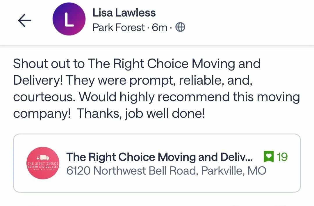 Screenshot of a Google review praising The Right Choice Moving and Delivery for prompt, reliable, and courteous service, with a five-star rating.