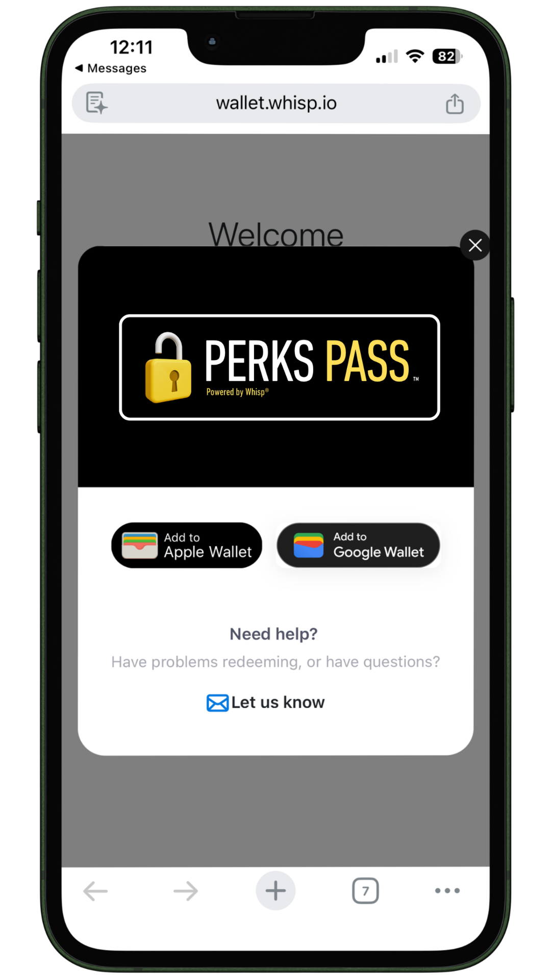 Smartphone displaying the Whisp Perks Pass website with options to add to Apple Wallet or Google Wallet and a help section with an email link.