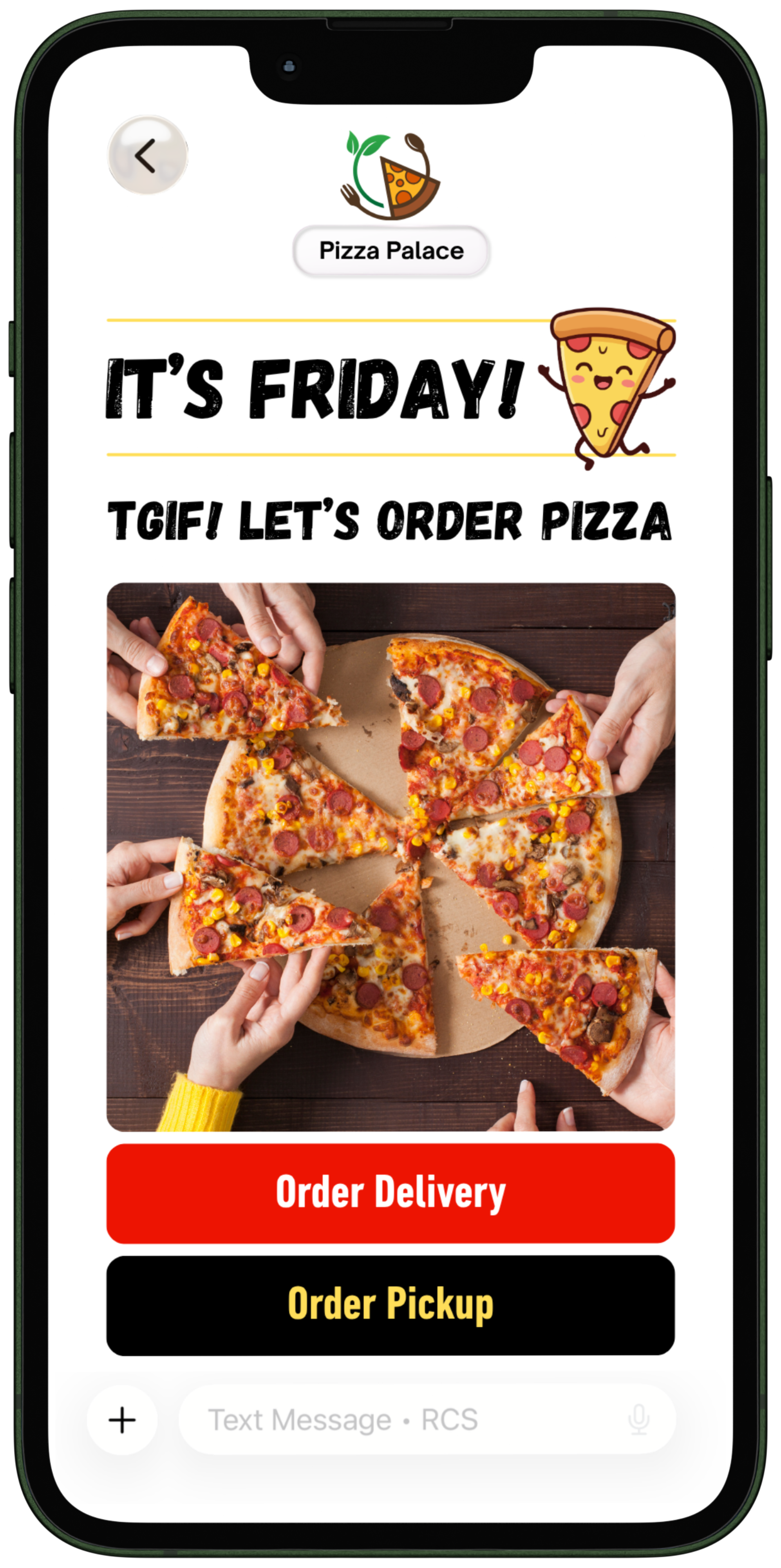 Mobile phone screen displaying a pizza restaurant app with a pizza image, cartoon pizza slice, and buttons for order delivery or pickup, celebrating Friday with text "It's Friday!"