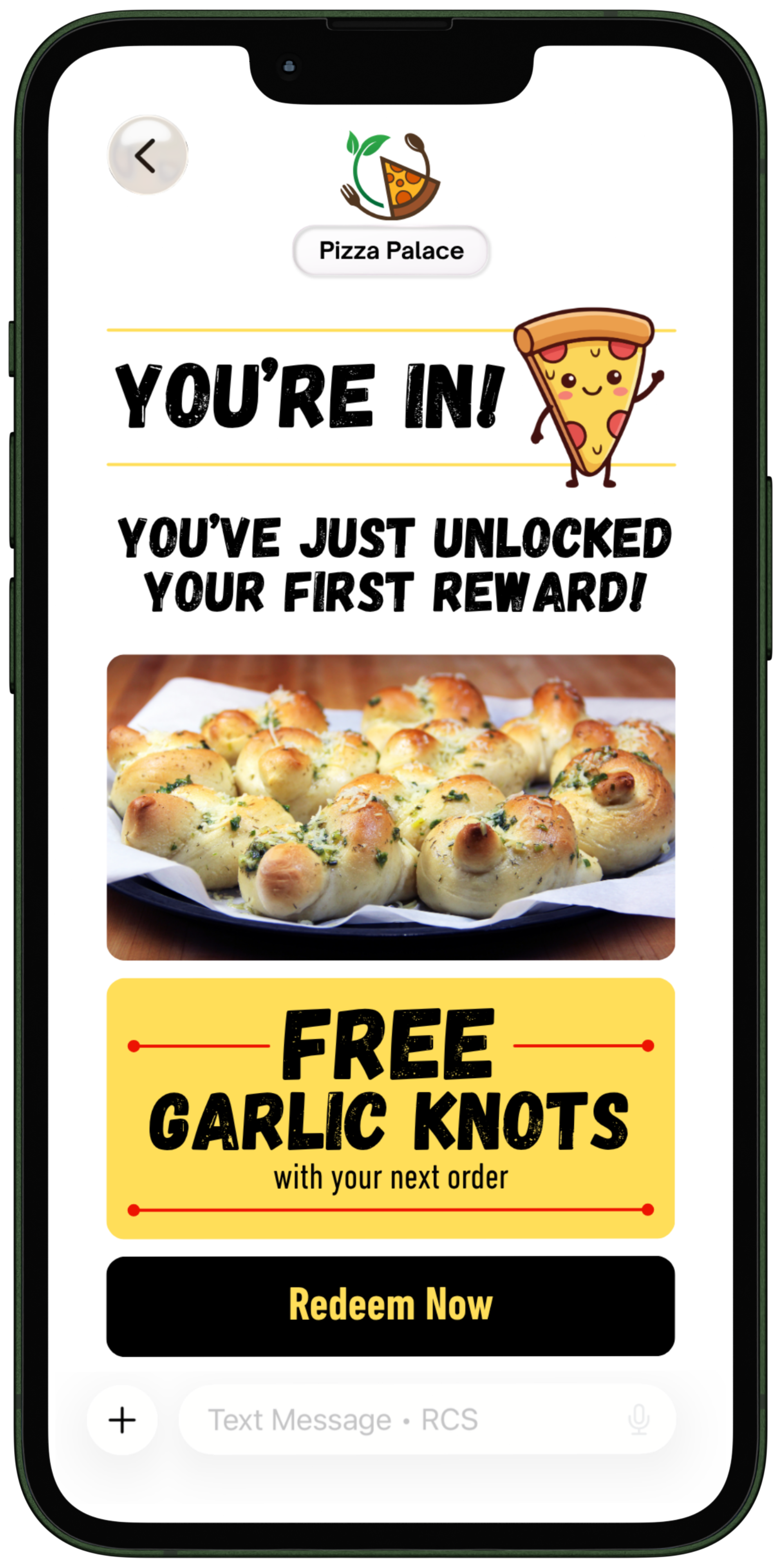 Mobile screen showing a digital reward for pizza, with a picture of baked garlic knots, and promotional text offering free garlic knots with the next order from Pizza Palace.
