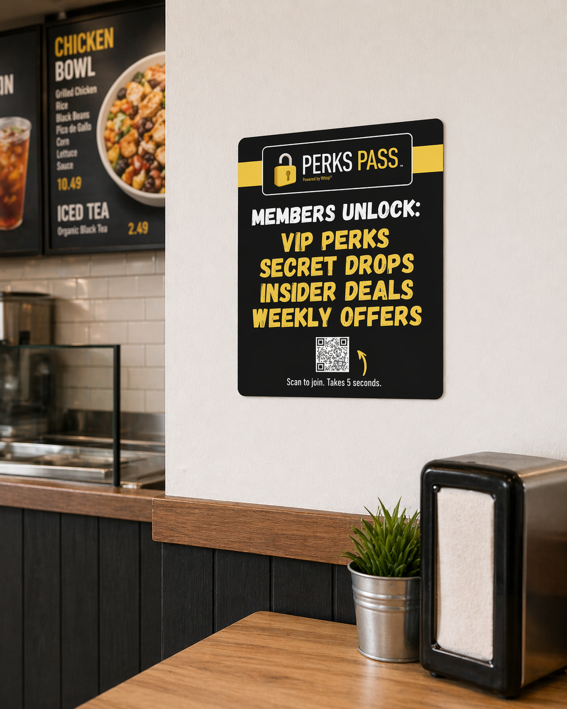 Sign on the wall advertising VIP perks, secret drops, insider deals, and weekly offers for members, with a QR code for joining. The sign features a black background with white and yellow text.