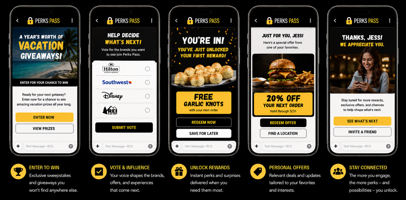 Screenshots of a mobile app showing a rewards program with five screens: 1) Vacation giveaway promotion, 2) Vote for brands, 3) Unlocking a reward with garlic knots, 4) Special offer for a burger and fries, 5) Thank you message and next steps.