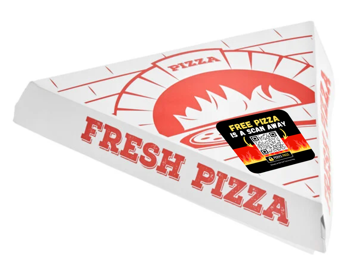 Pizza box labeled 'Fresh Pizza' with a sticker advertising free pizza and a QR code for scanning.