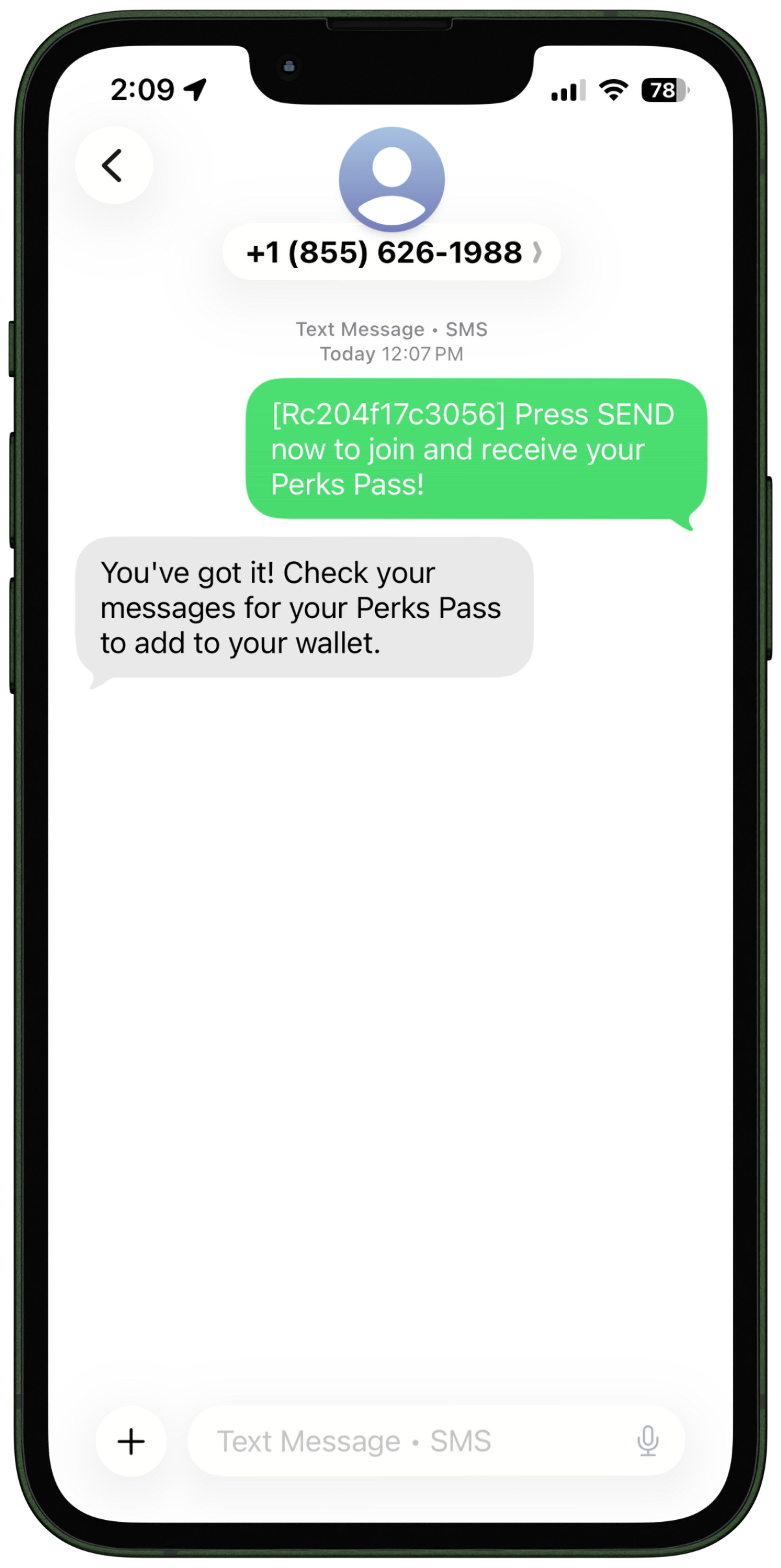 Text message conversation on a smartphone screen showing a code to receive a Perks Pass and a confirmation message.