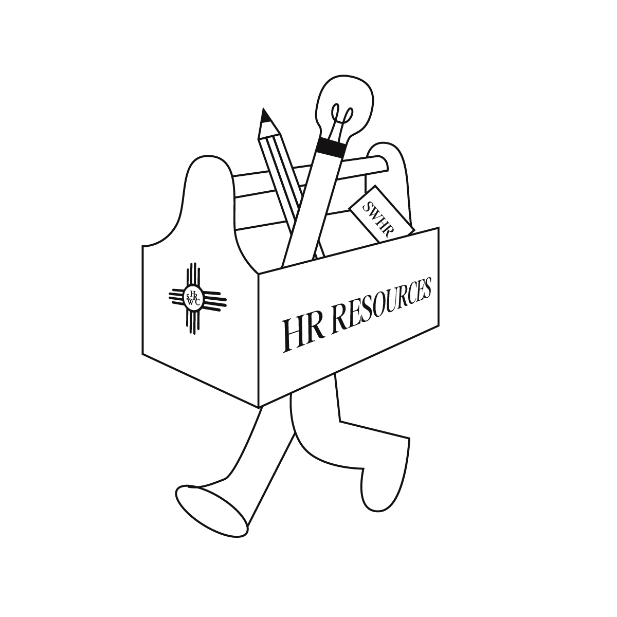 Illustration of a person carrying a box labeled 'HR RESOURCES,' filled with a pencil, a lightbulb, a swatch, and a card. The person is walking, and the illustration is in black and white.