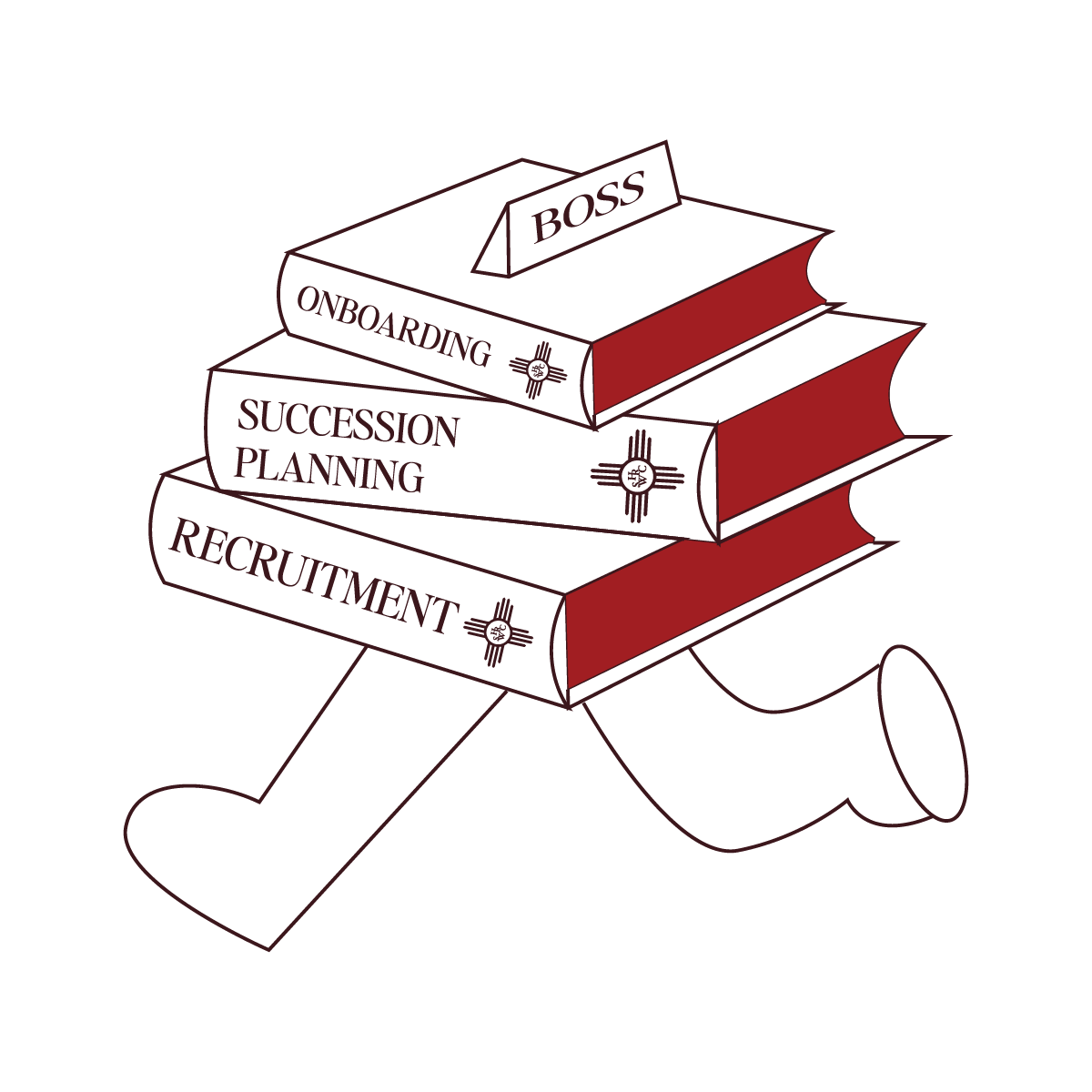 Stack of four books related to business, with titles 'RECRUITMENT', 'SUCCESSION PLANNING', 'ONBOARDING', and 'BOSS' from bottom to top, with the bottom book showing a microphone.