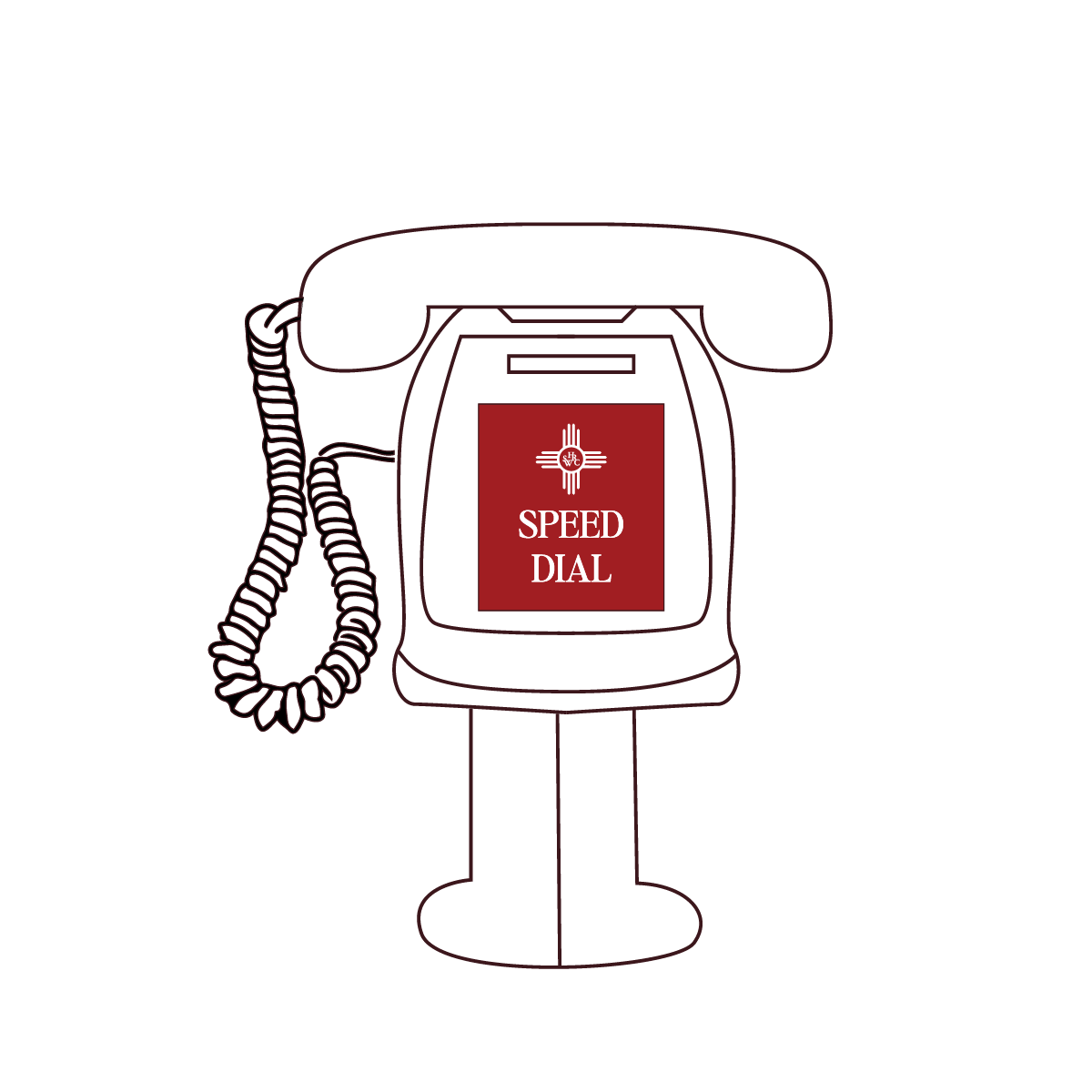 Outline drawing of a vintage rotary phone with a red screen displaying a logo and the words "Speed Dial" in white.