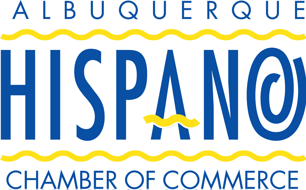 The logo of Albuquerque Hispano Chamber of Commerce, featuring the words 'ALBUQUERQUE' at the top, 'HISPANO' prominently in the center with decorative yellow wavy lines above and below it, and 'CHAMBER OF COMMERCE' at the bottom.