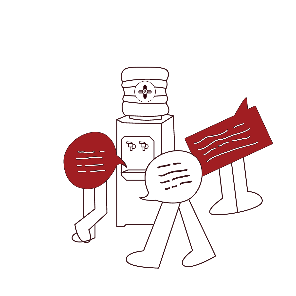 Line drawing of a water cooler with two speech bubbles and a sign, using red and black lines.