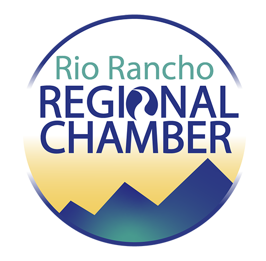 Logo for Rio Rancho Regional Chamber featuring a mountain range with a gradient of yellow, green, and blue, and text in teal and dark blue.