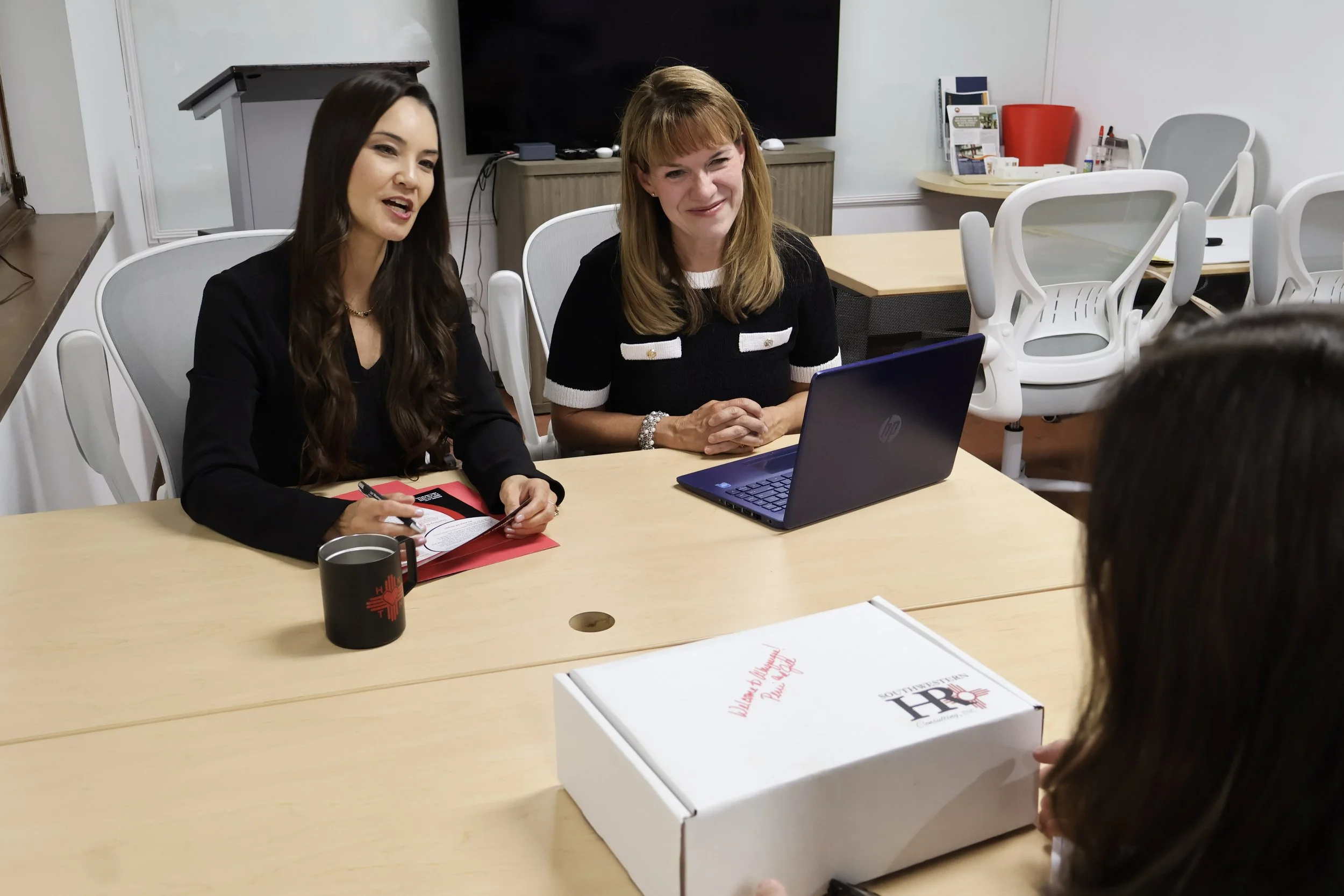 Two women sitting at a table in a meeting room, looking at a laptop, with a white box labeled 'HPR' in front of them, and a person partially visible in the foreground.