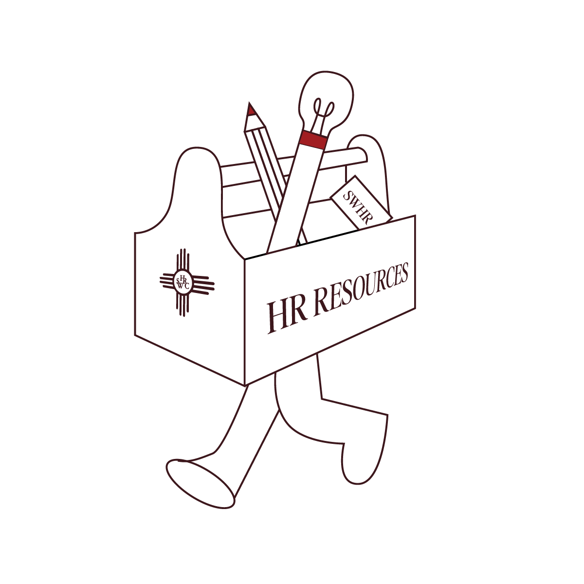 Cartoon figure carrying a box labeled HR Resources filled with office supplies like a pencil, light bulb, and swipe card.