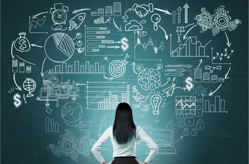 Woman standing with business-related icons and illustrations in the background