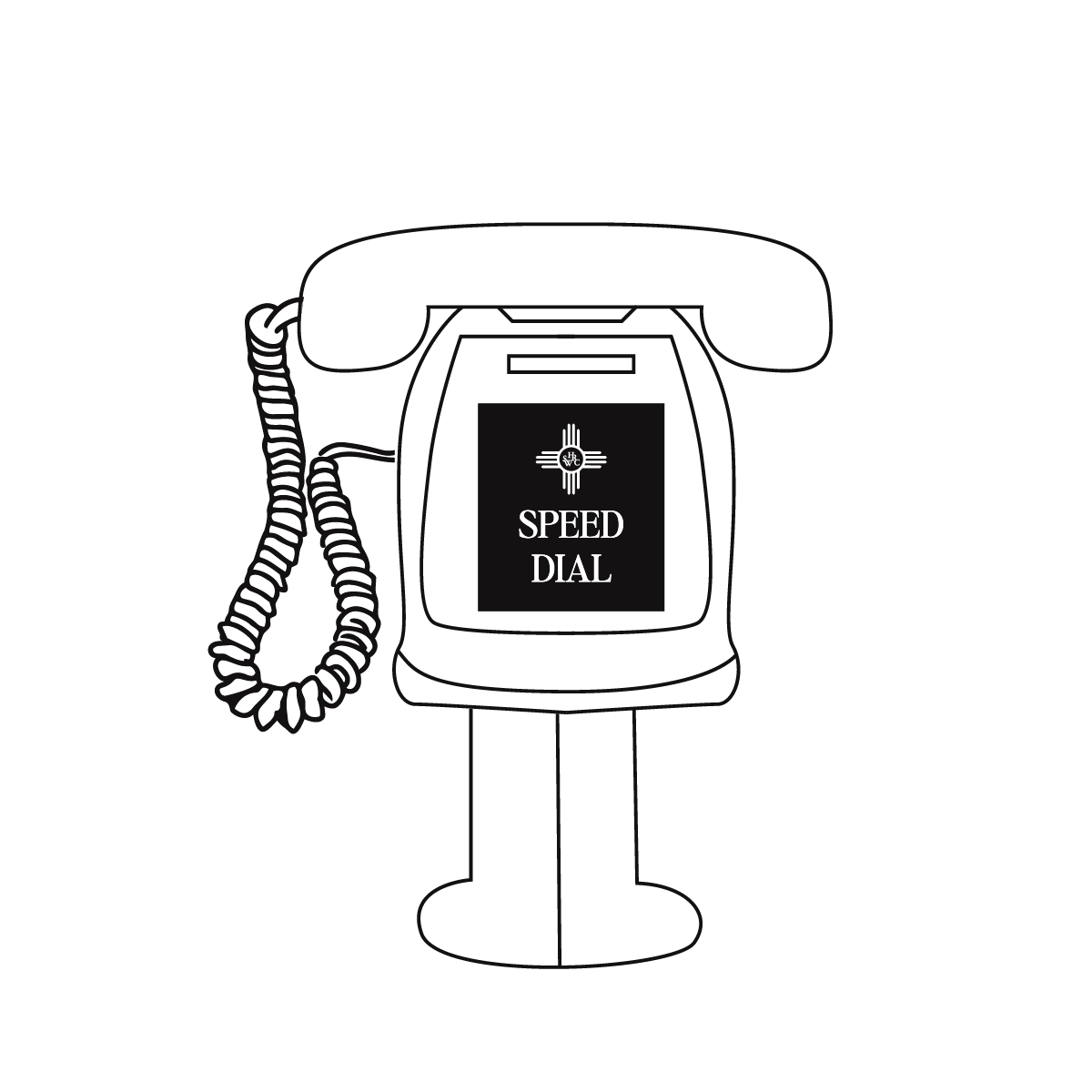 Outline of a vintage telephone with a screen that reads 'Speed Dial' and an emblem above it.