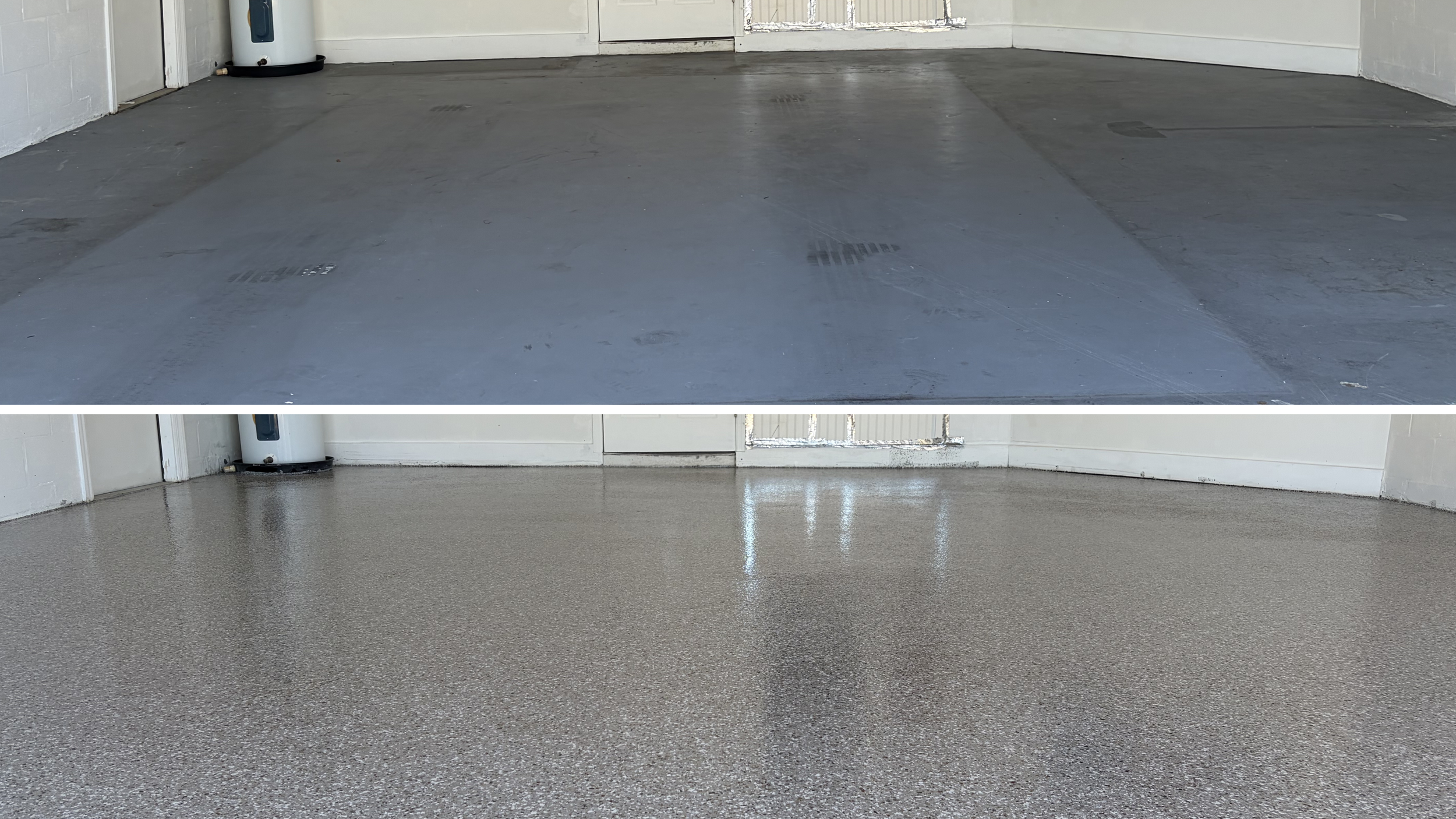 Comparison of a concrete garage floor before and after being coated with a textured, protective finish.