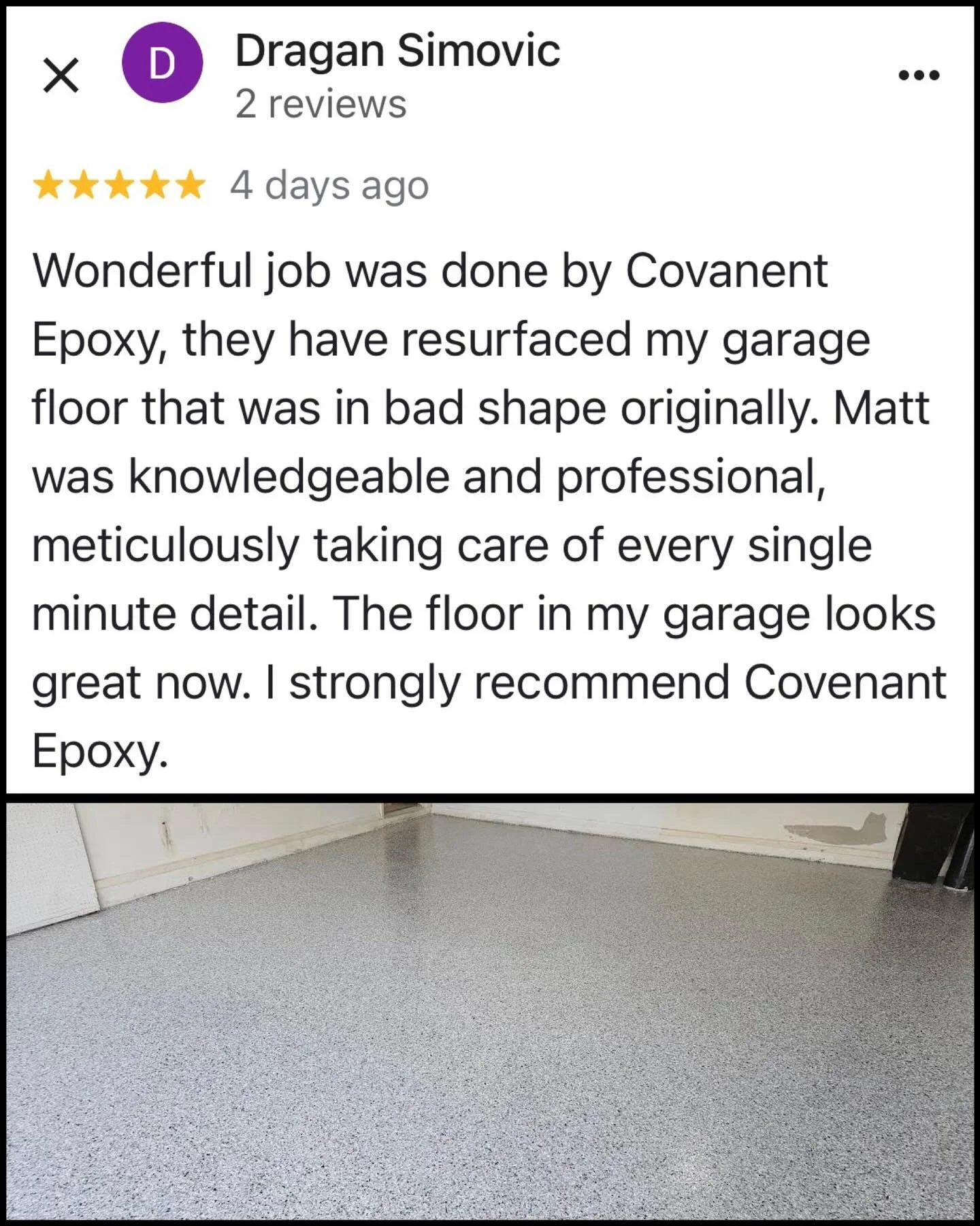 Thank you Dragan for trusting Covenant Epoxy to turn your garage into a place you can be proud of! #garagetransformation #5starreview #trustedlocalexpert #epoxyflooring #reclaimyourgaragefloor