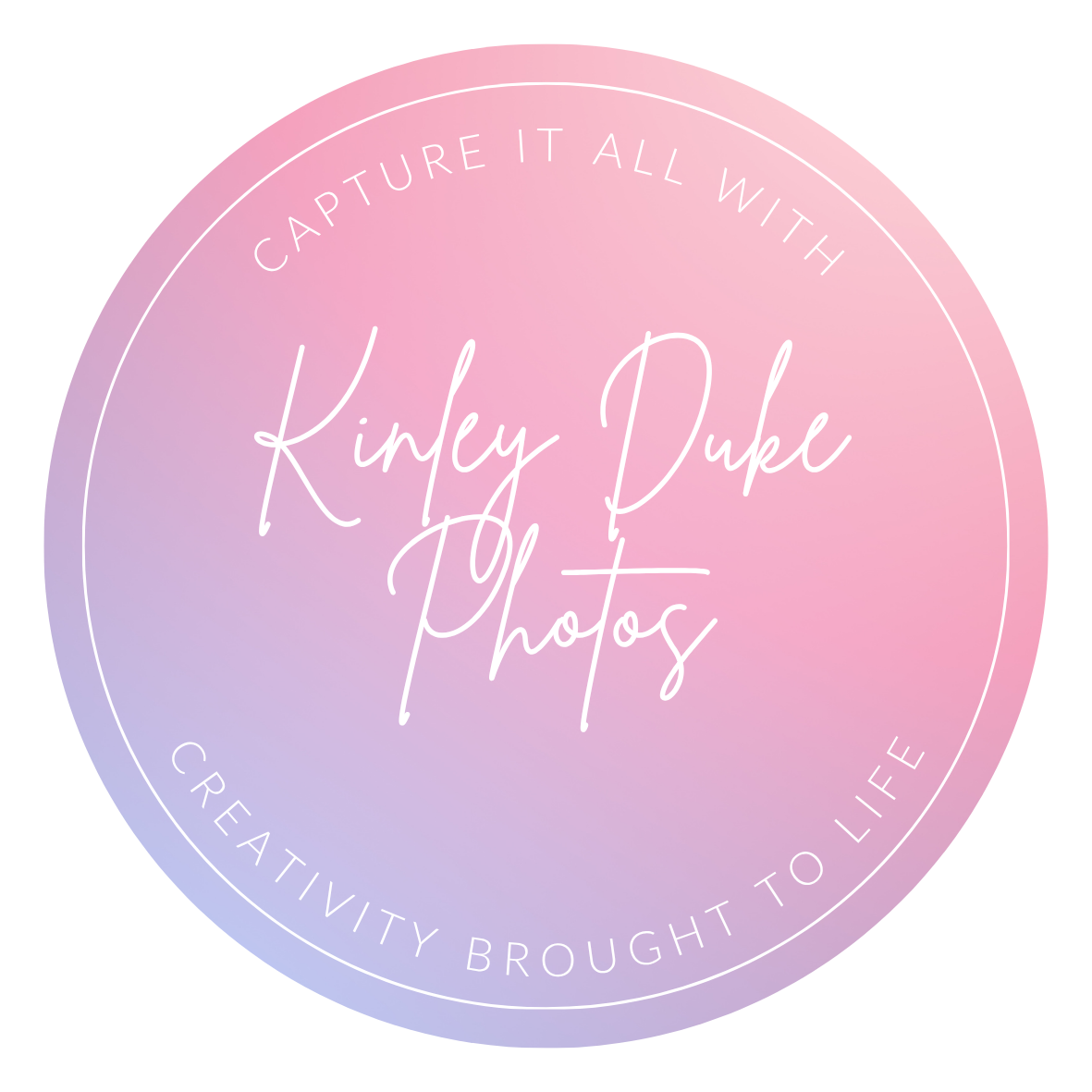 Pink and purple gradient circular logo with white text that says "Capture it all with Kinsey Duke Photos" and "Creativity brought to life" around the edges.