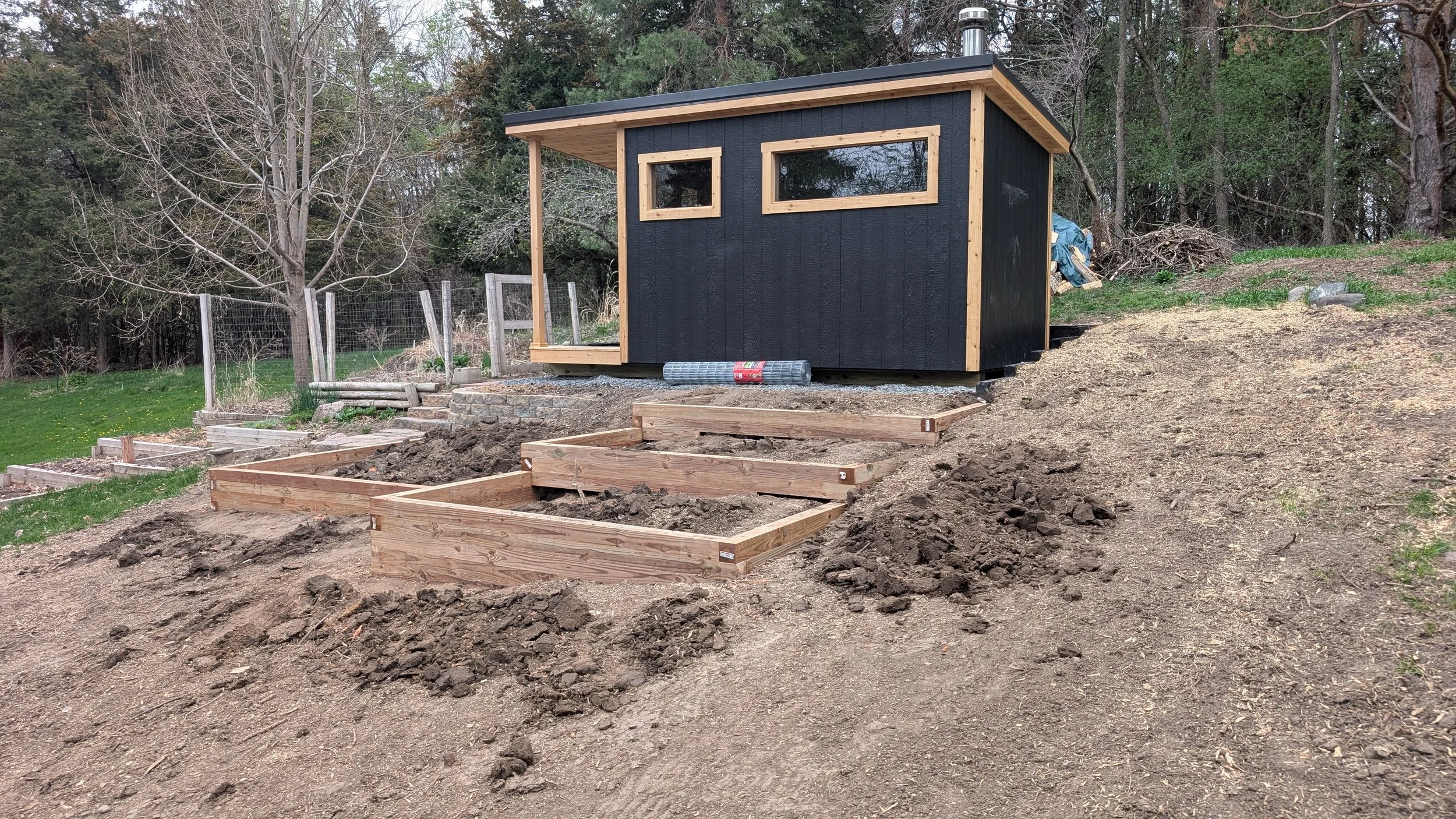 A small black wooden shed with natural wood trim, situated on a slightly elevated area with mulch and wooden framing for gardening beds in the foreground. Trees and a chain-link fence are in the background.