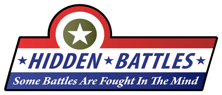 Logo for Hidden Battles with a green star inside a red and white circle at the top, and the text "HIDDEN BATTLES" with the tagline "Some Battles Are Fought In The Mind" below.