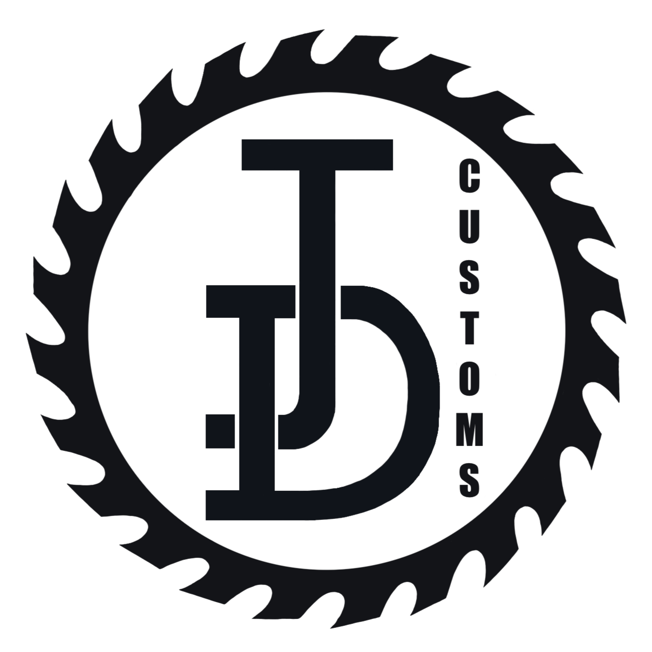 Logo of J.T. Custom Cutz, featuring a large saw blade with the initials J.T. in the center and the word "CUSTOMS" written vertically.
