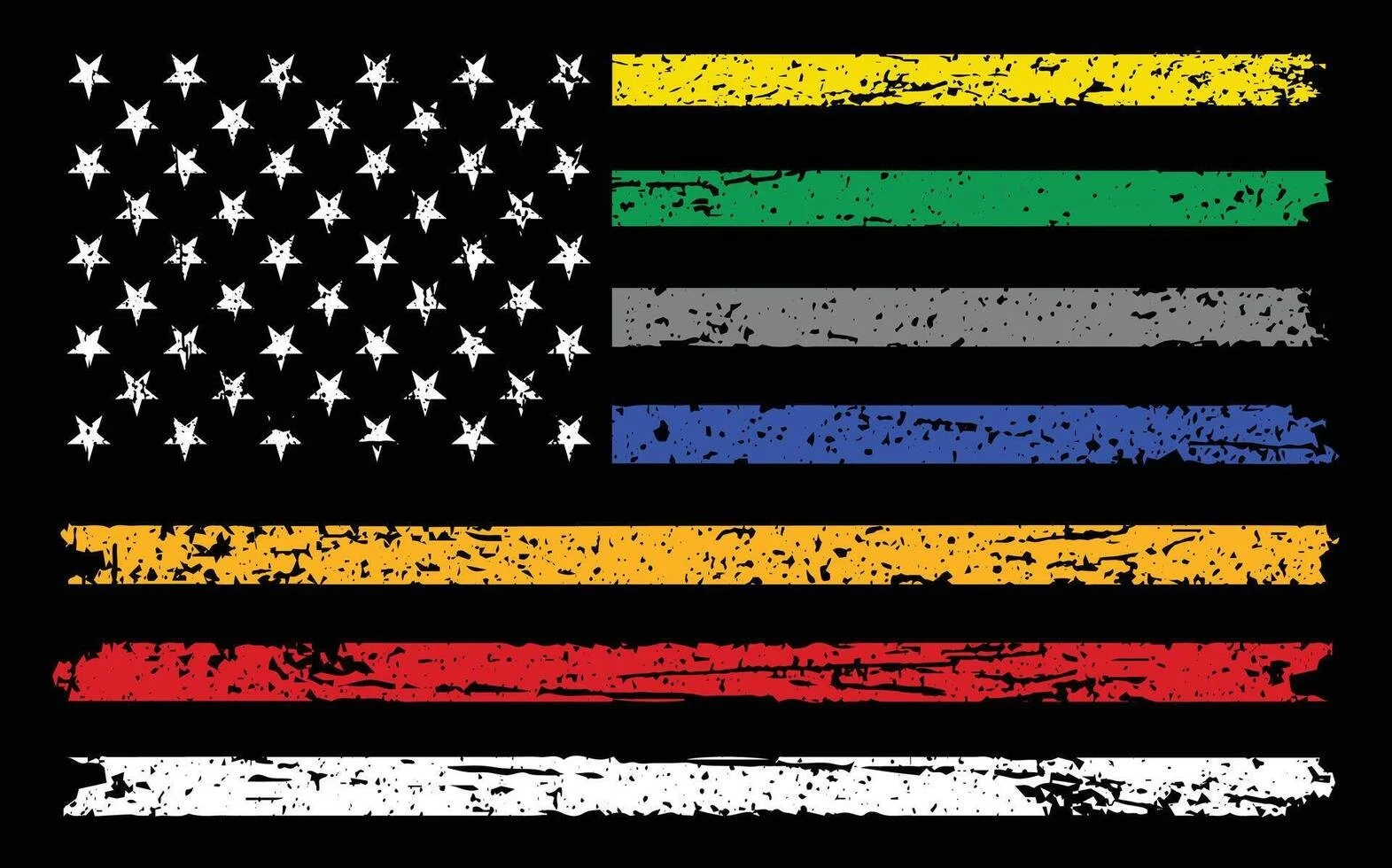 A stylized American flag with stars and stripes in yellow, green, gray, blue, orange, red, and white on a black background.