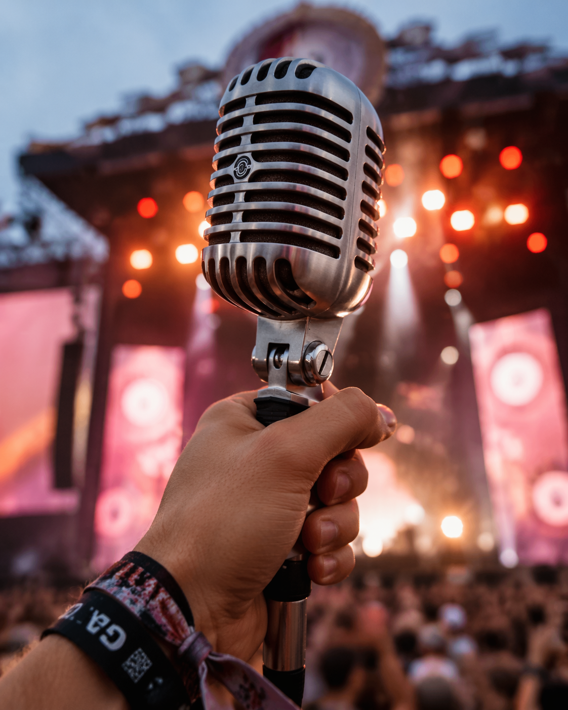 A person's hand holding a vintage-style microphone at a concert with a stage and bright lights in the background.