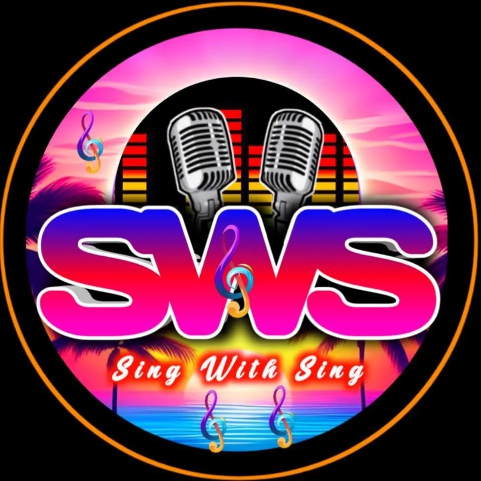 Colorful logo for 'SWS Sing With Sing' featuring two vintage microphones, a sunset over water with palm trees, musical notes, and vibrant pink, purple, and orange colors.