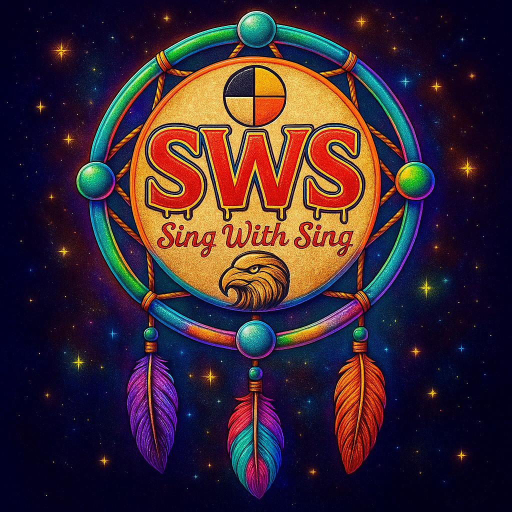 A colorful digital illustration of a dreamcatcher with rainbow feathers, set against a starry space background. The center features a round emblem with the letters "SWS" and the phrase "Sing With Sing," along with a stylized eagle head and a circular design at the top.