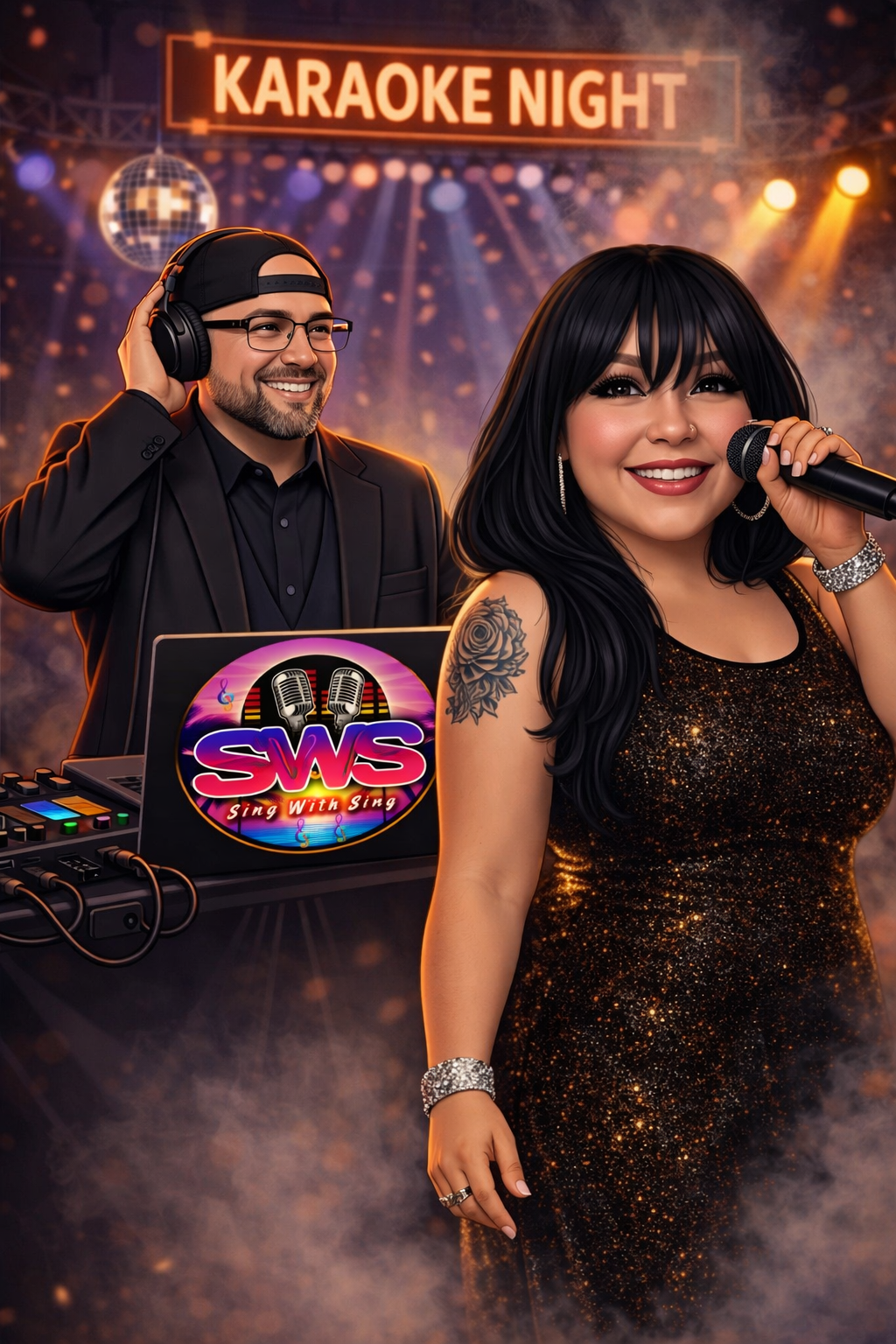 A woman with long black hair, wearing a sparkly black dress, holding a microphone, smiling at a karaoke night event. In the background, a man with glasses and a cap, wearing a suit, is adjusting headphones at a DJ booth with a sign that reads 'SWS Sing With Sing'. A 'Karaoke Night' sign is illuminated above them with colorful spotlights and a disco ball.