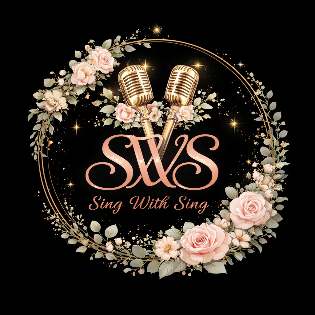 A logo for 'Sings With Sing,' featuring two gold vintage microphones surrounded by a floral wreath of pink roses and light-colored flowers, with sparkling stars on a black background.