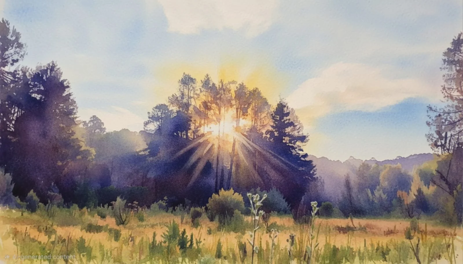 Watercolor painting of a sunrise over a forested meadow with tall trees and grasses.