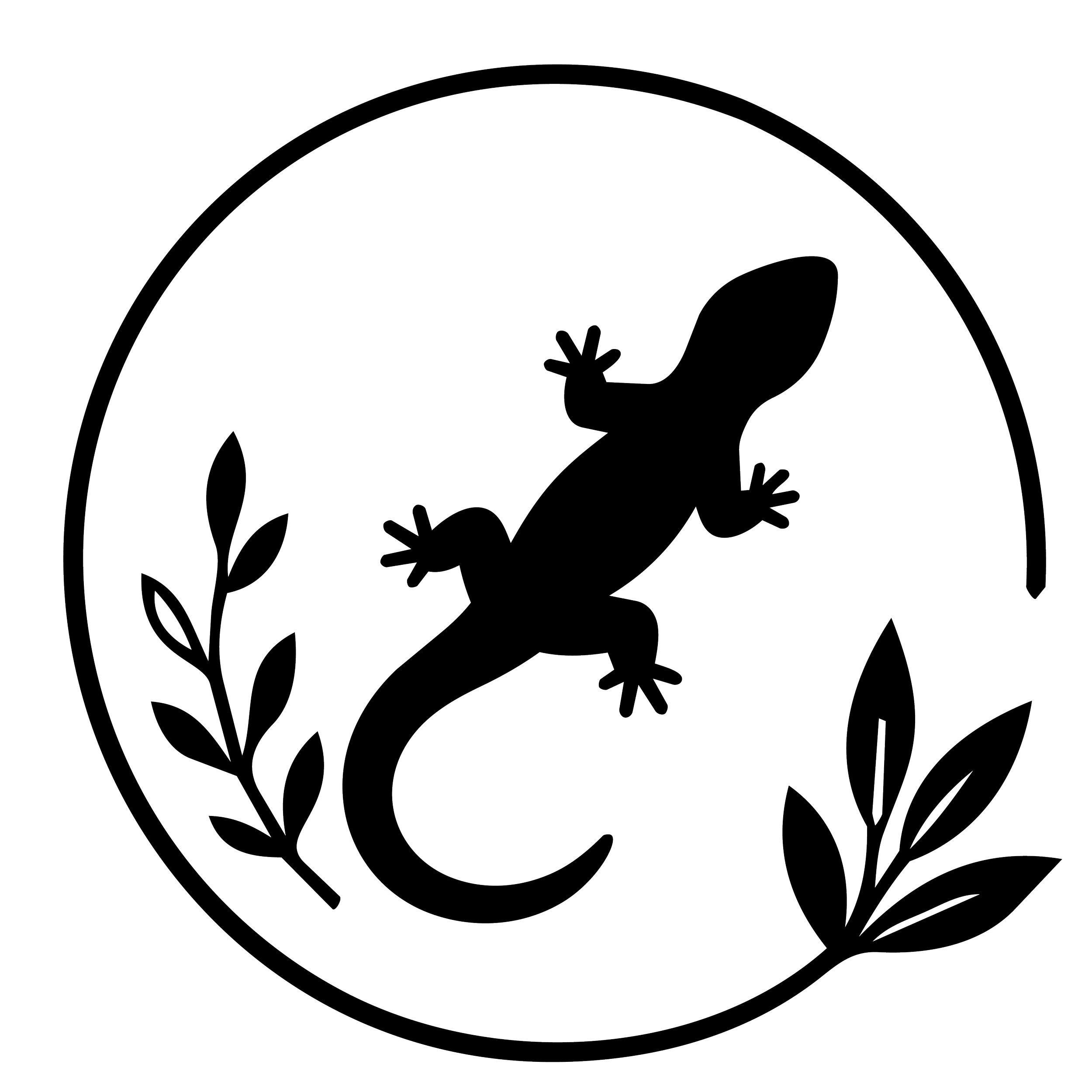 A simple black and white line drawing of a gecko climbing on a circular frame surrounded by leaves.