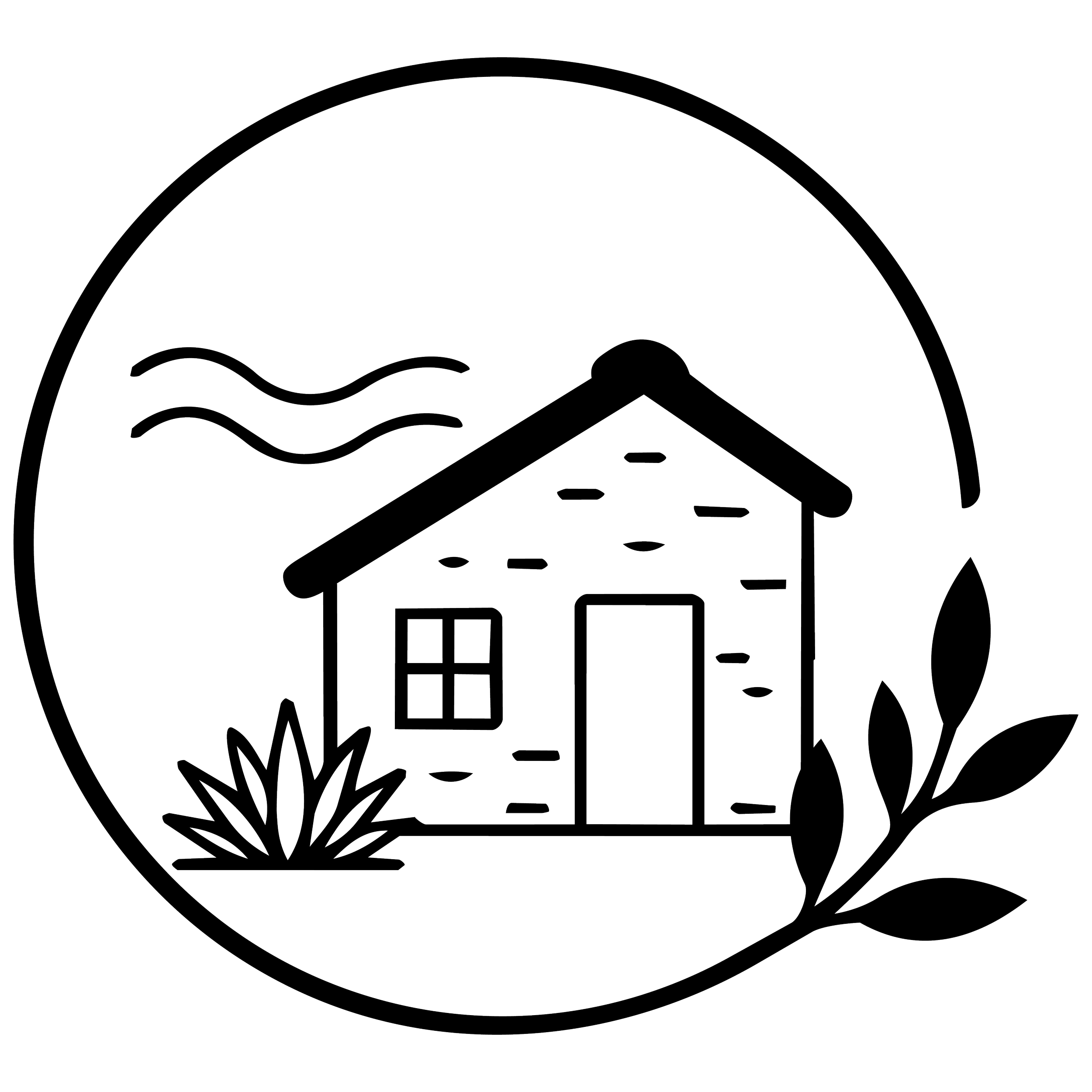Line drawing of a Pizza Hut pizza in a circular form with the Pizza Hut logo in the center, surrounded by a ring of decorative elements.