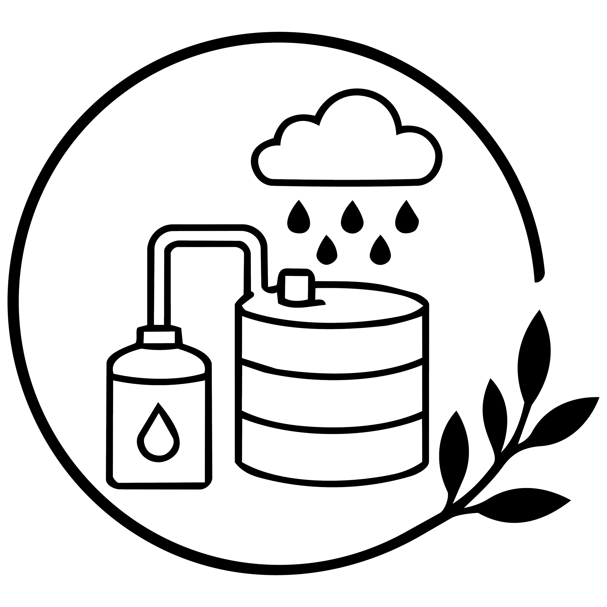 Outline illustration of a snow globe featuring a rain cloud with rain drops, a thermometer, a winter hat, and a scarf.