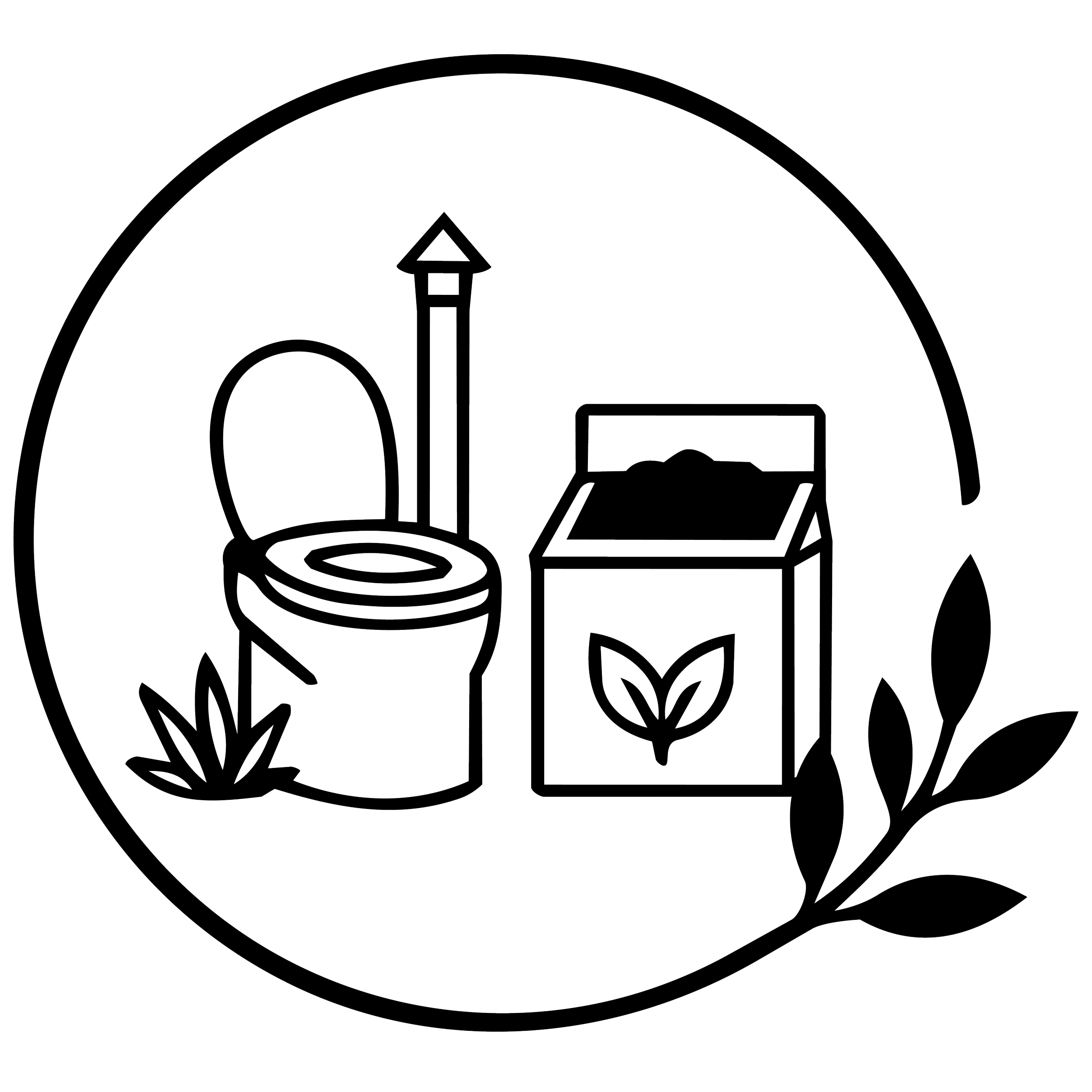 Outline of various tools and objects including a paintbrush, a screwdriver, a wrench, a tape measure, a pencil, a ruler, and a pair of scissors arranged in a circular pattern.