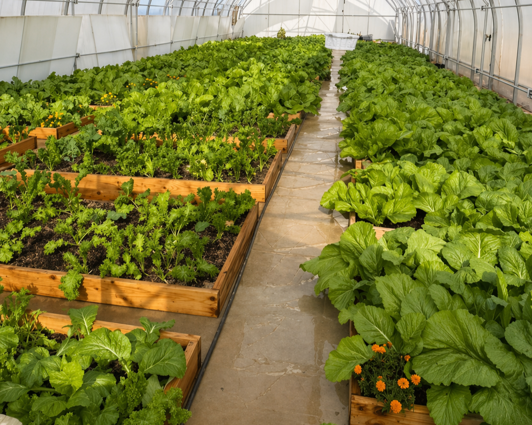 Inside a greenhouse with raised wooden garden beds filled with various green leafy vegetables and some flowering plants.