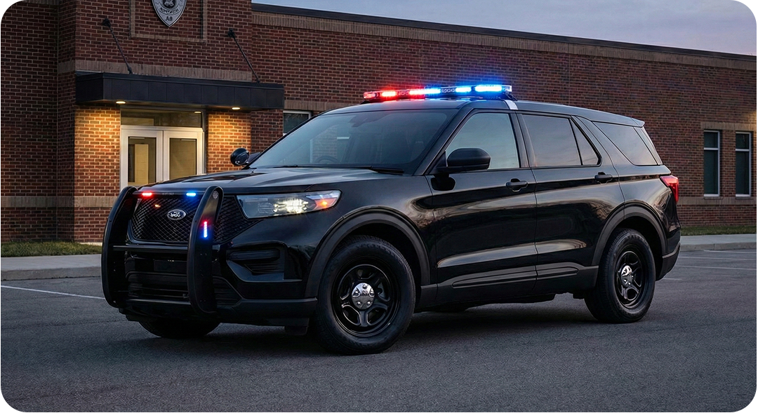 Black police SUV with emergency lights flashing parked outside a brick building at dusk.