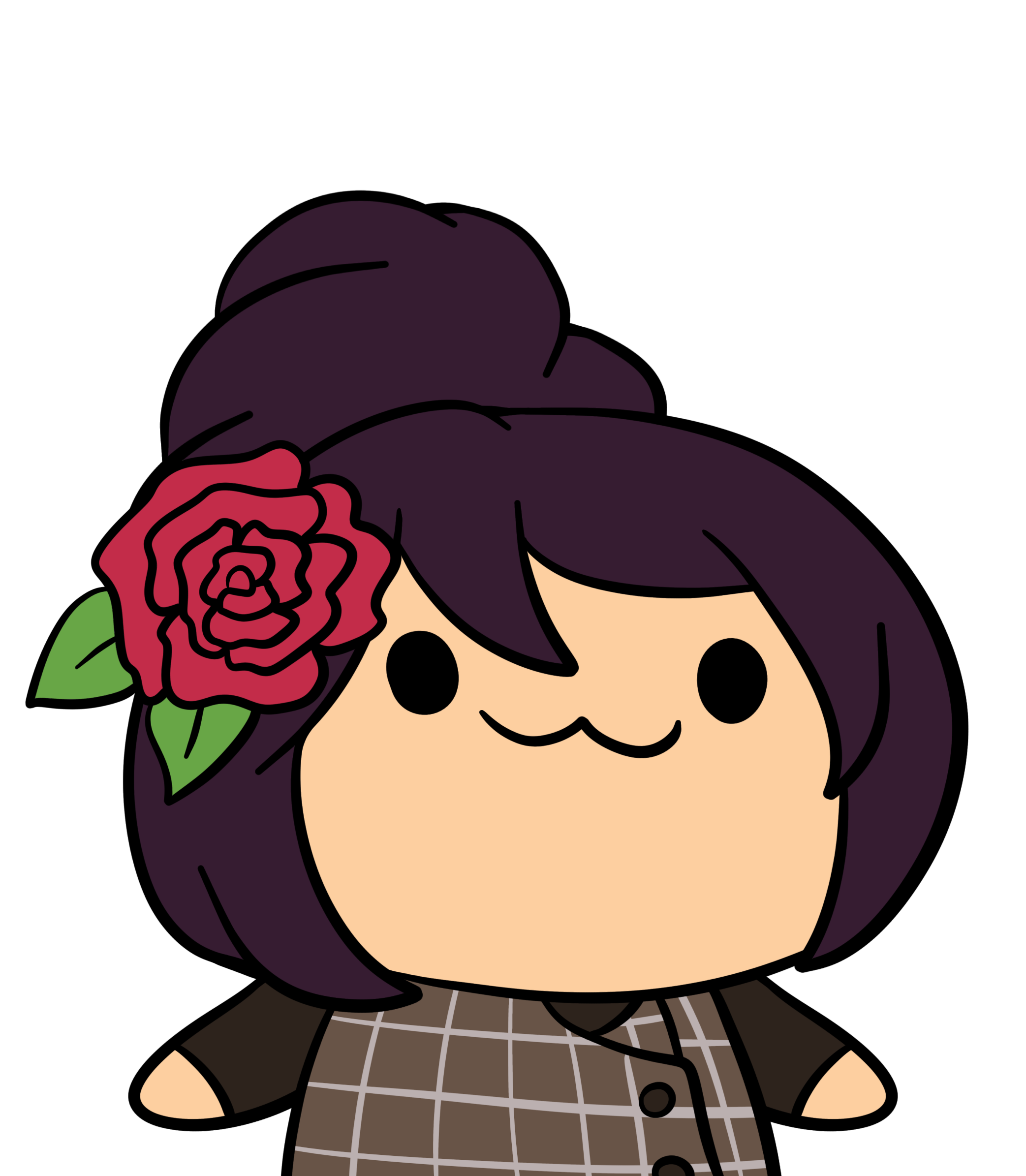 Cartoony version of the writer MJ Bailey. From the waist up wearing a plaid dress, blank expression on her face, and a rose in her hair
