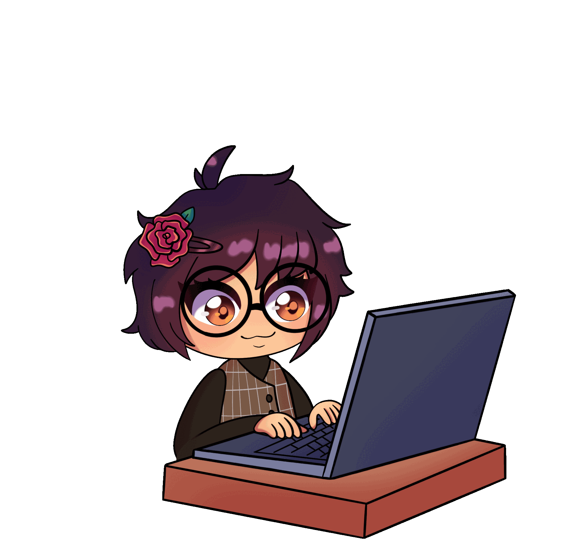 Cartoon version of the writer MJ Bailey from the waist up at a desk and typing on her computer