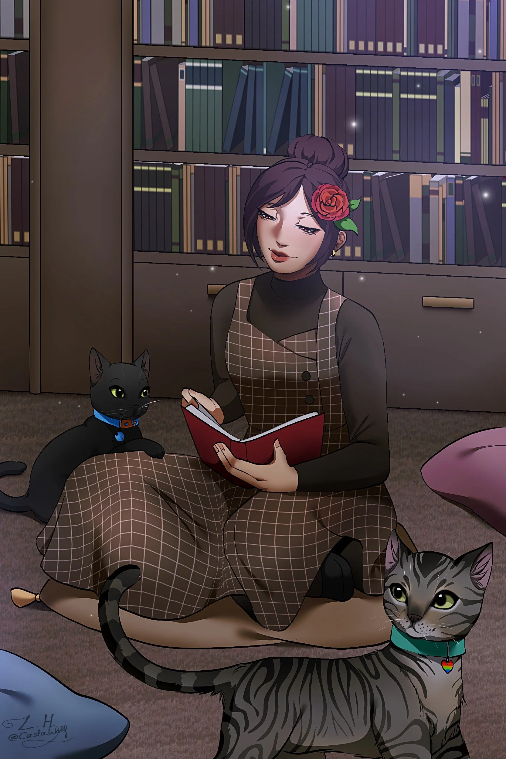 An artistic rendition of the author with her cats. The author is an Asian woman with her hair up, wearing a plaid dress and reading a book. At her right is Midnight the black cat and walking across the front of the image is the Tabby Cat Minx