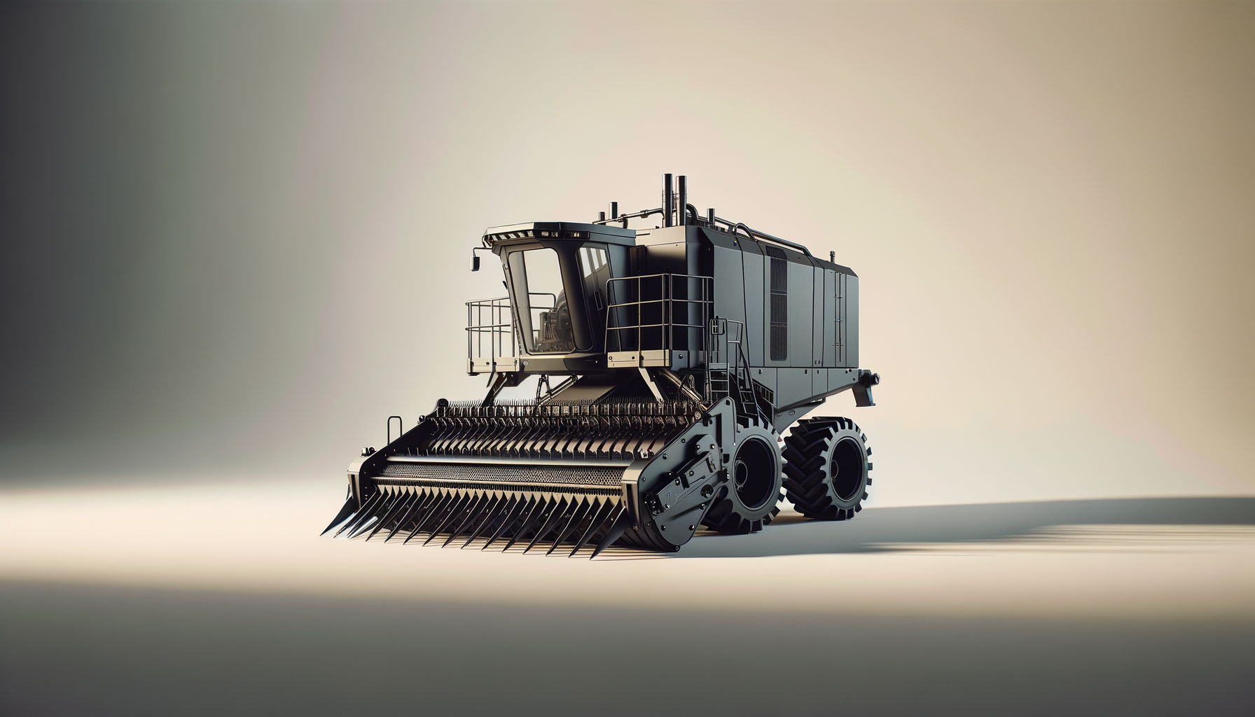 A large, futuristic industrial machine with a wide, serrated front blade and thick rubber tires on a plain background.