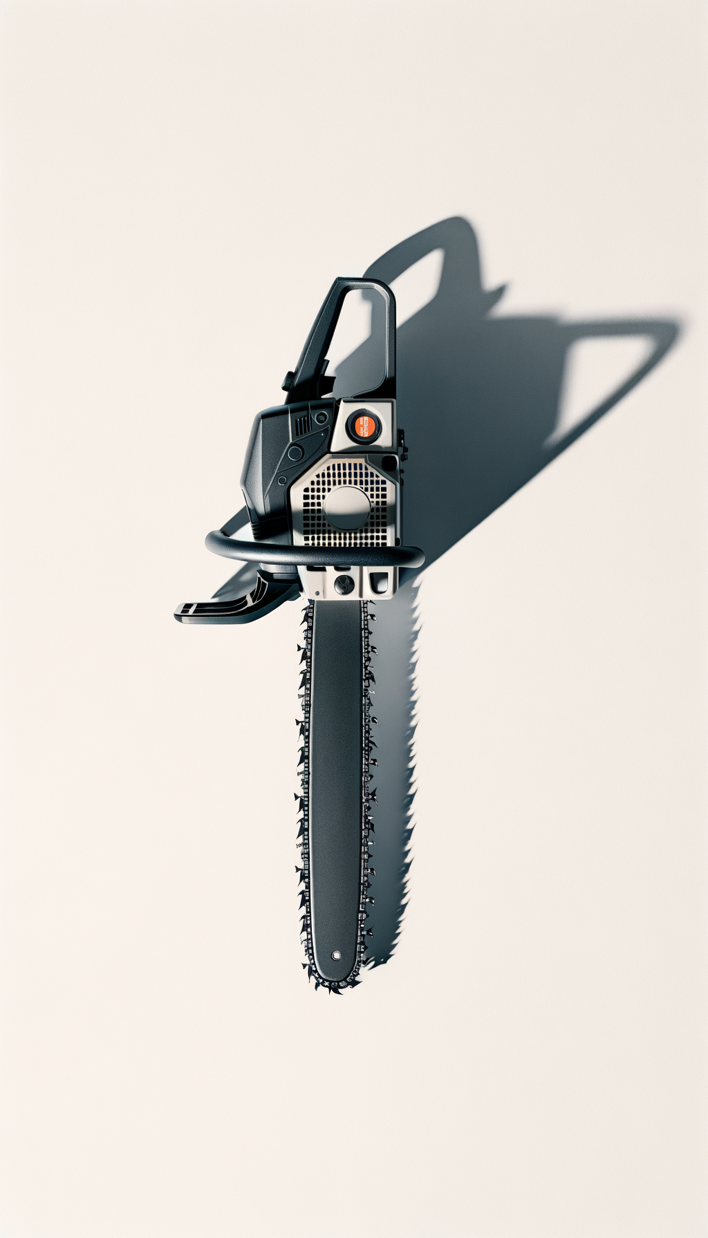 A modern chainsaw with black and silver body, showcasing a long blade and sharp teeth, casting a shadow on a plain background.