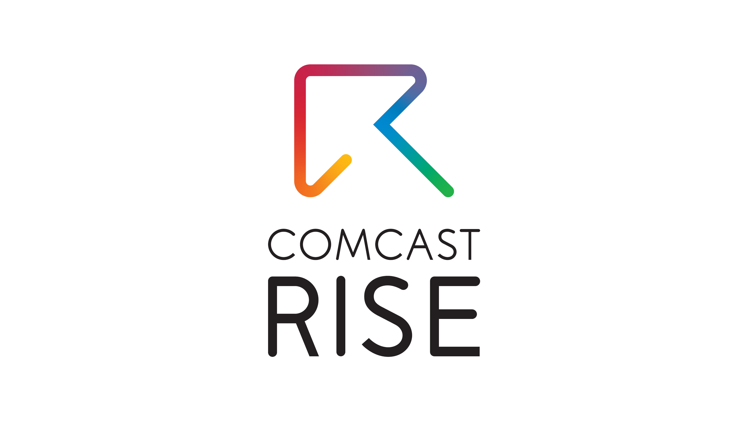 A large, gradient-colored letter "R" made of connected lines in red, blue, and green, with the words "COMCAST RISE" stacked in clean black text underneath.
