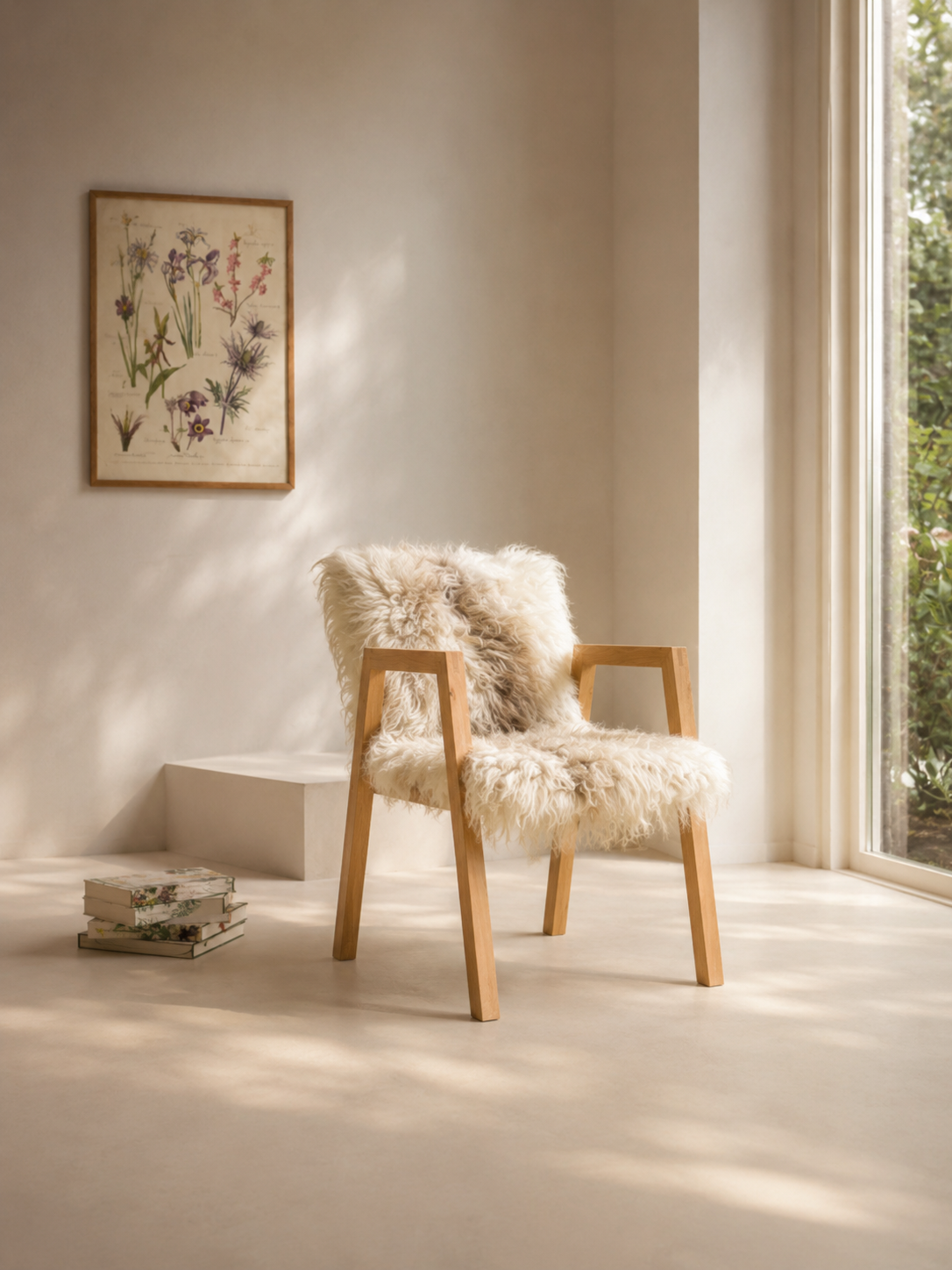 Een minimalistisch interieur met een houten stoel bekleed met een zachte, wollige deken, naast een raam dat daglicht naar binnen laat, met een paar boeken op de vloer en een botanisch kunstwerk aan de muur.