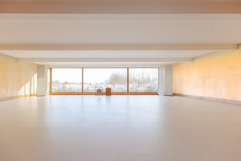 Leeg, licht interieur met grote ramen en uitzicht op een winterlandschap buiten.