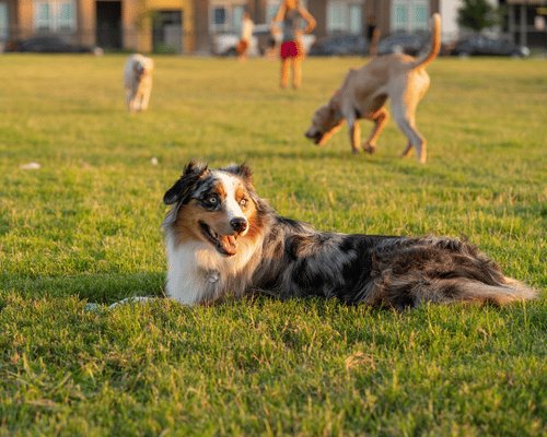A dog lying on the grass in a park with other dogs and people in the background.