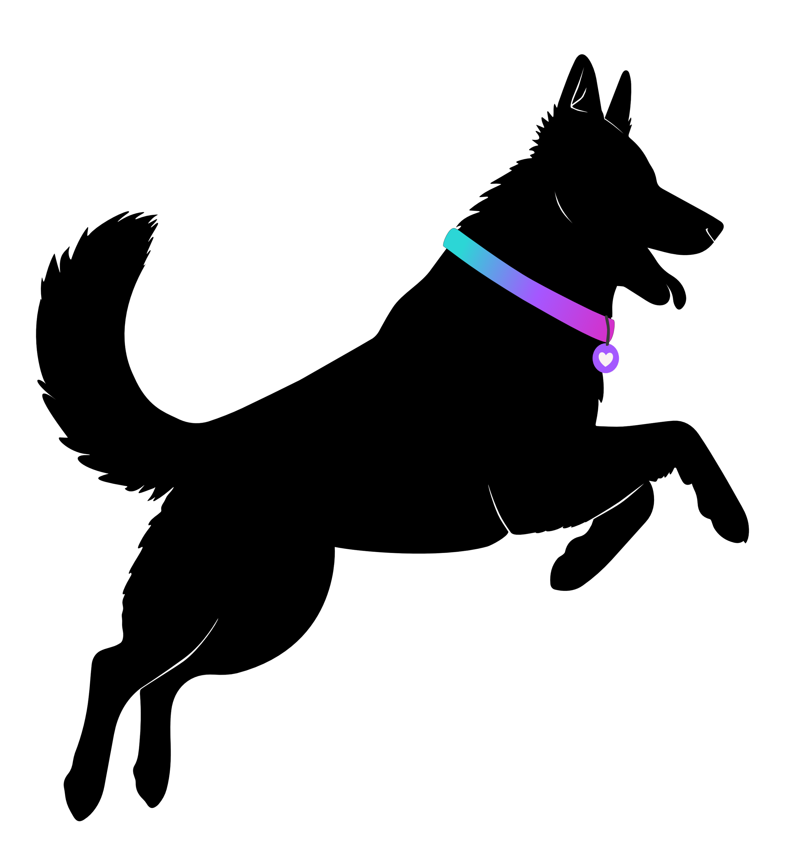 Illustration of a Black German Shepherd dog with a fluffy tail and erect ears, jumping, wearing a rainbow-colored collar with a purple heart-shaped tag,