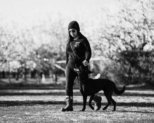 Woman (Alex, Canine Relationship Coach for Wholistic Canine) walking a black German Shepherd dog in a park with trees in the background, wearing a beanie, sunglasses, and casual clothing. Photograph by Sara Walters, Land Shark Photography